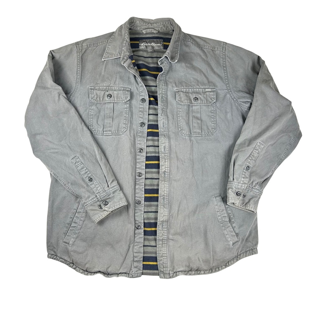 Eddie Bauer Mens Tall Fleece Lined Cotton Twill Shirt Jacket Grey Stripe TL